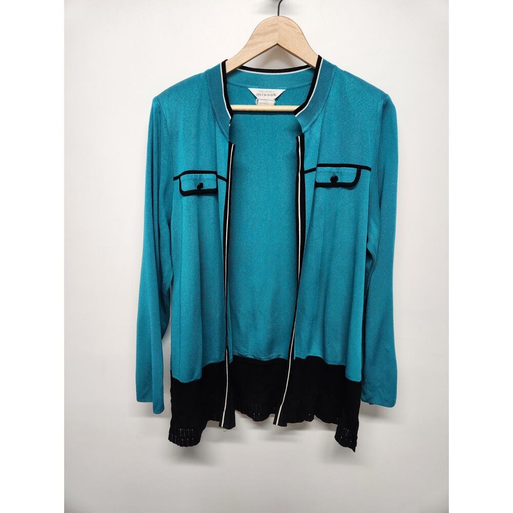 Vintage Exclusively Misook Turquoise Blue/Black Open Front Cardigan, Size Lg